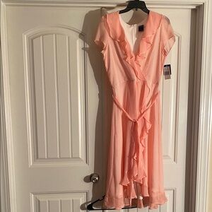 Gabby Skye Ivory/Coral color Ruffled Wrap Midi Dress